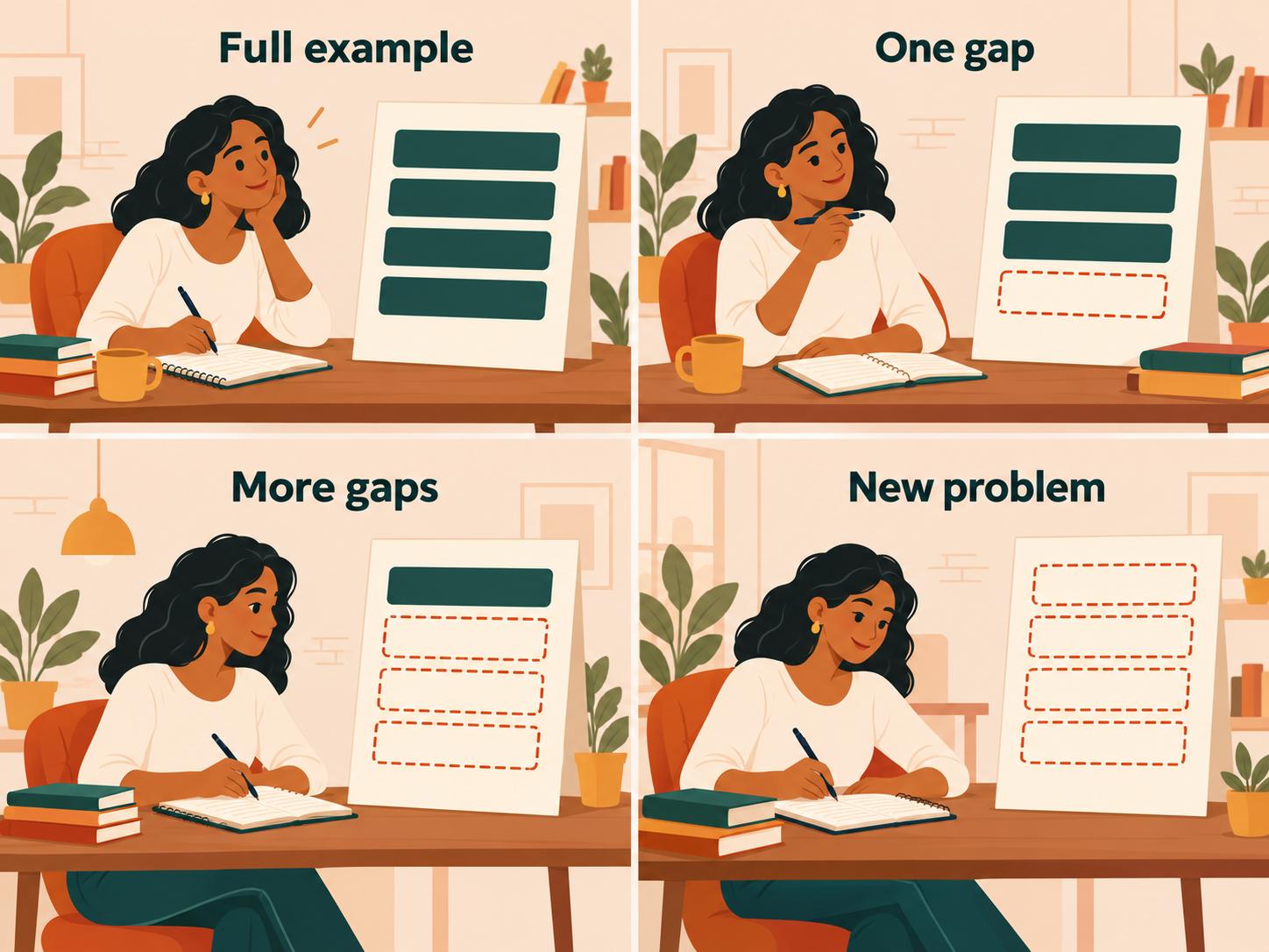 Four illustrated learning stages show four supplied steps, then three, then one, then none. Dashed spaces are steps the learner completes.